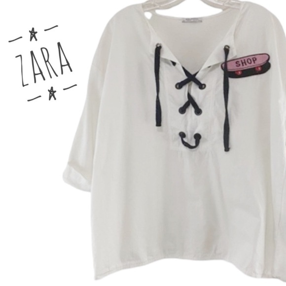 Zara Trafaluc Patch Shirt Size L Lace-Up Neckline Oversized Boxy - Picture 1 of 8